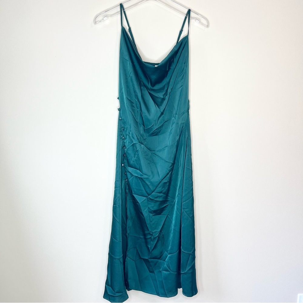 SHEIN Emerald Green Cowl Neck Satin Side Slit Button Detail Slip Dress Size S